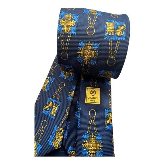 CHANEL Men's Neck Tie Blue Chain Print Silk Italy - Picture 2 of 7